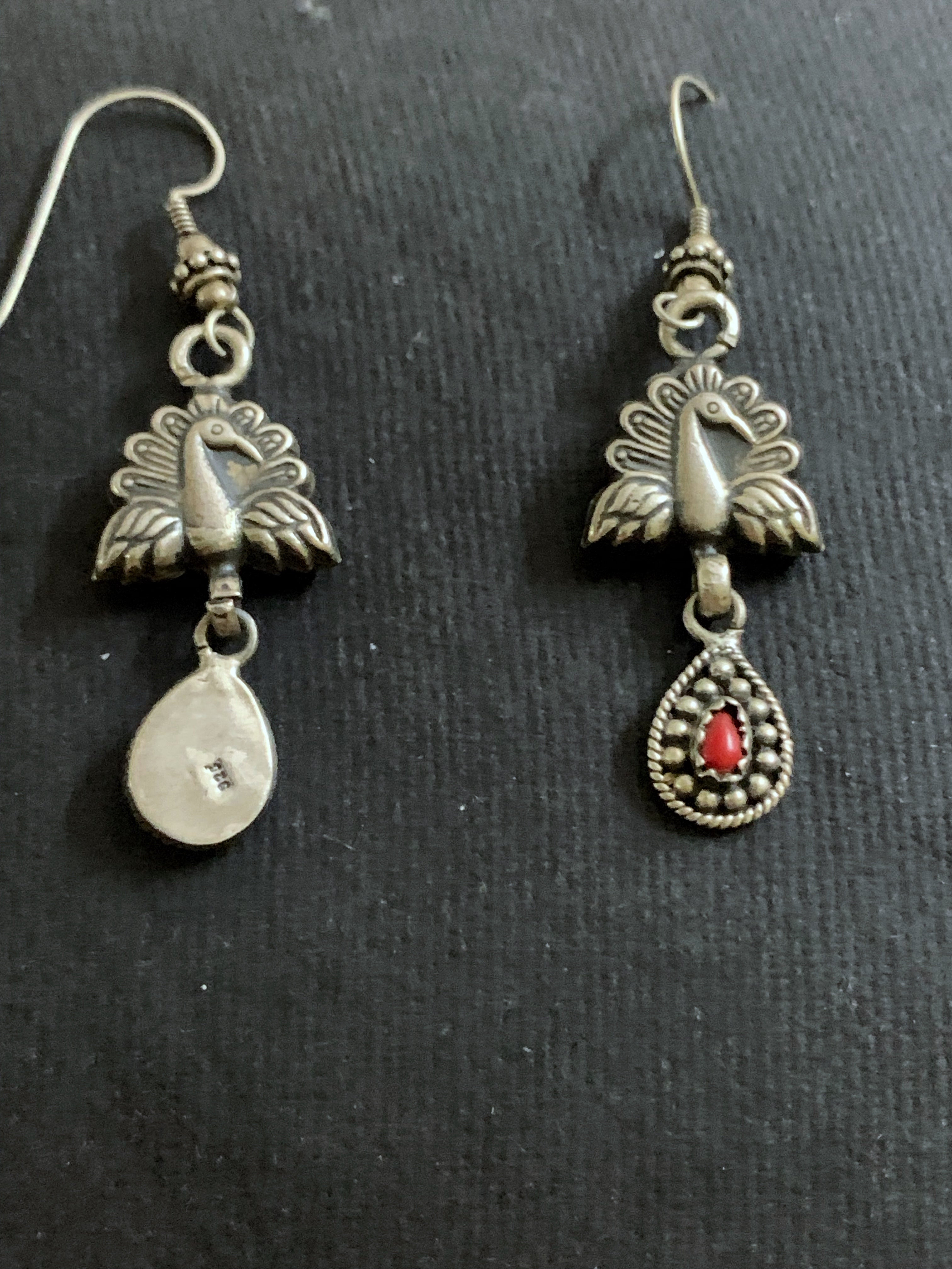 Silver Peacock Coral Earrings
