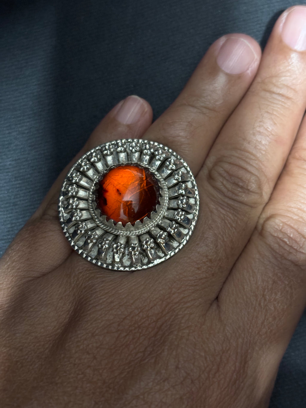 Silver Finger Ring with Amber